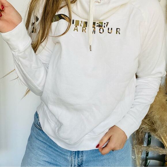 UNDER ARMOUR White Tan Beige Camo Logo Pullover Hoodie Sweatshirt Sweater Top M - Picture 3 of 8